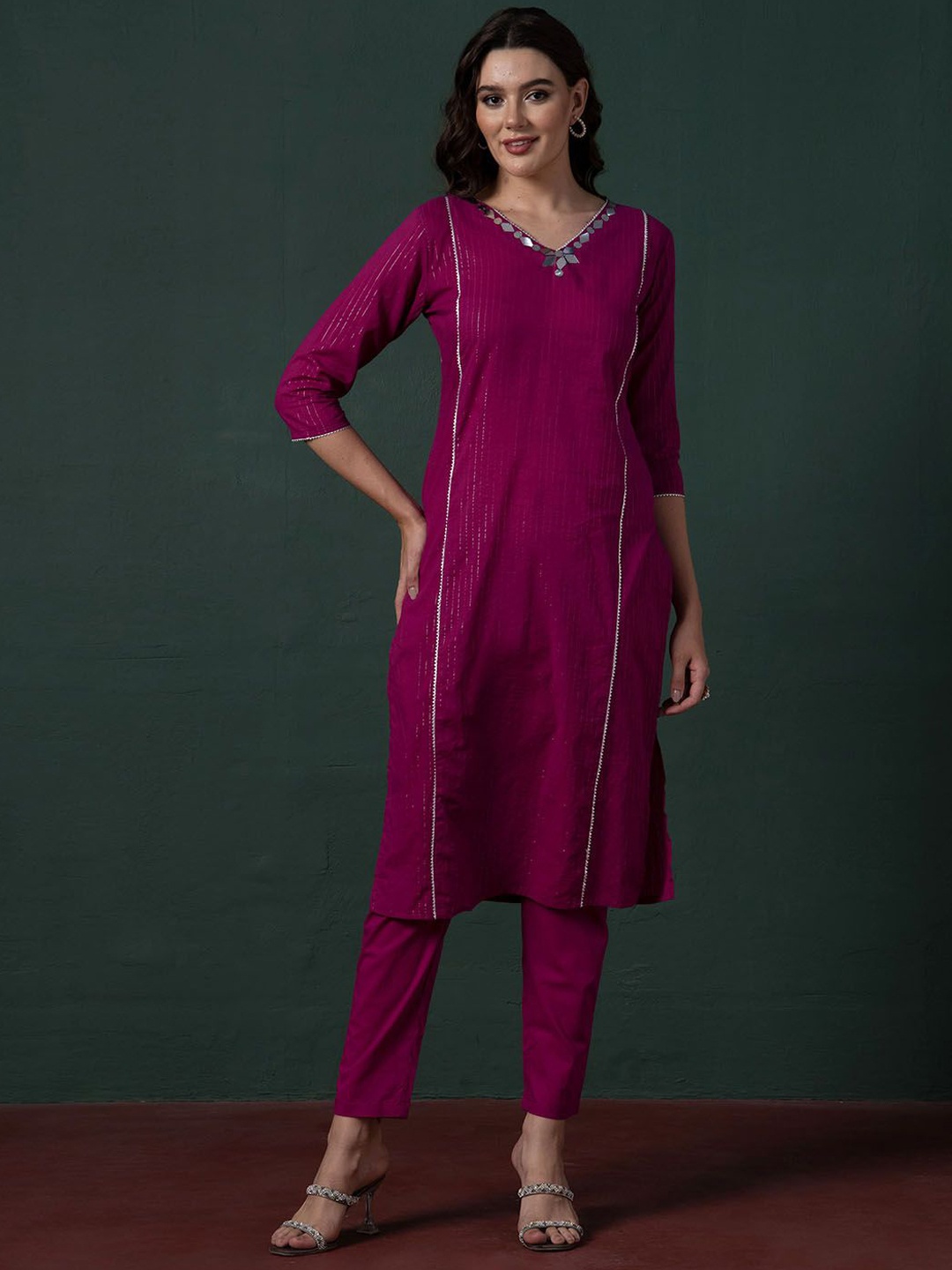 

INDYA Striped V-Neck Mirror Work Pure Cotton Kurta & Trousers, Purple