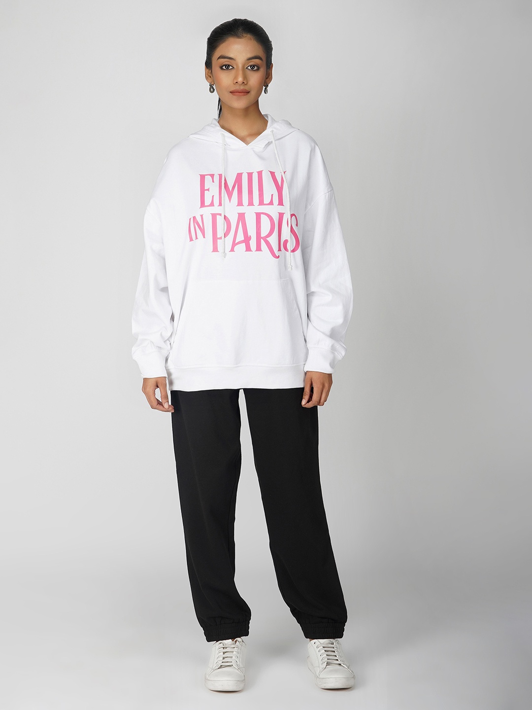 

THE CLOTHING FACTORY Women Emily In Paris Printed Hooded Oversized Sweatshirt, White