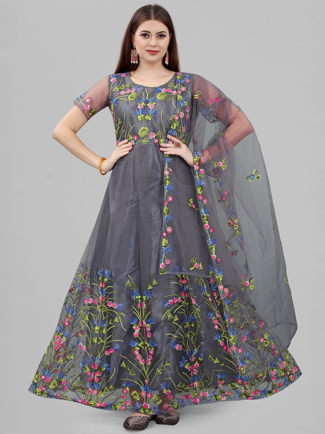 

LADY SHOPI Floral Embroidered Net Fit & Flare Maxi Dress, Grey