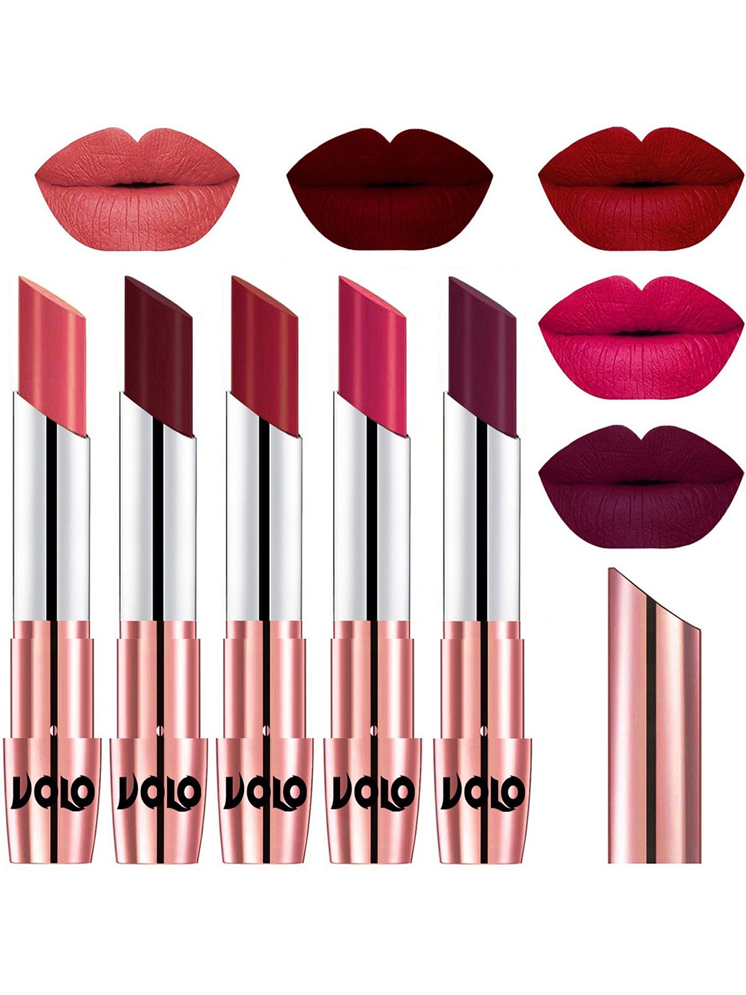 

VOLO Set Of 5 Creme Matte Lipstick-Dark Peach 37-Maroon 42-Red 43-Passion Pink 44-Wine 47