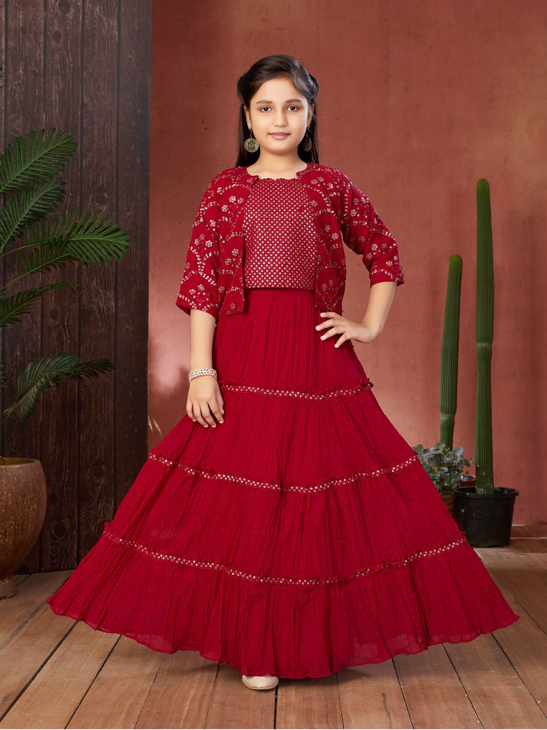

Aarika Girls Embellished Sequinned Georgette Ready to Wear Lehenga & Choli, Maroon