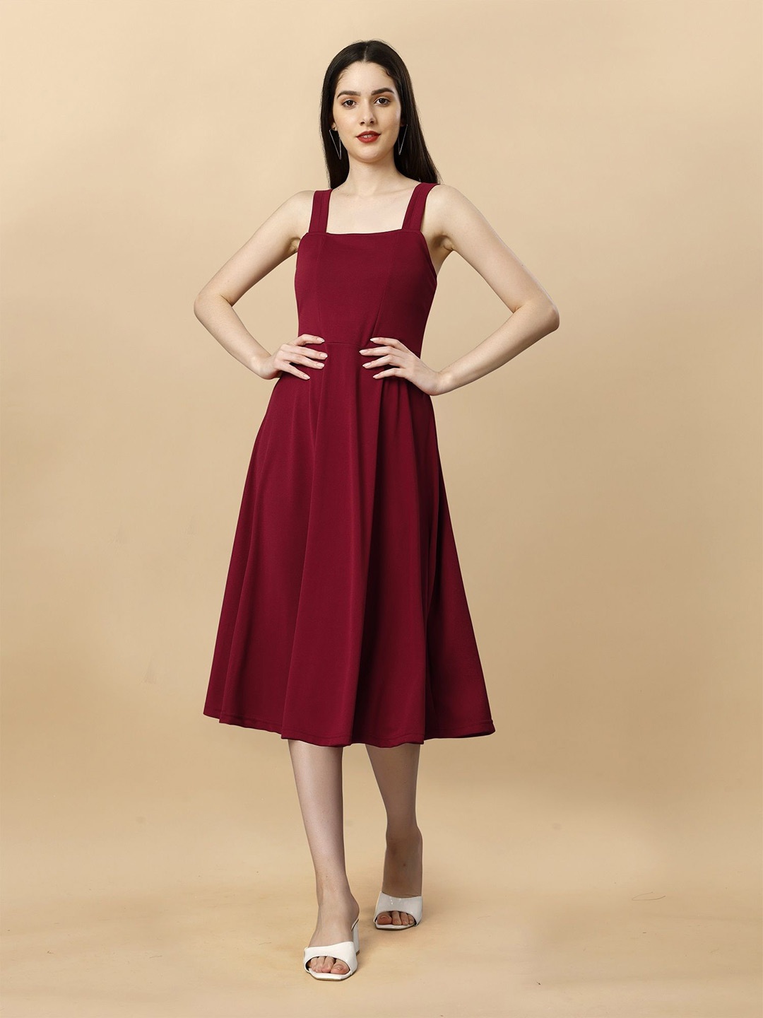 

Aika Women Solid A-Line Midi Dress, Maroon