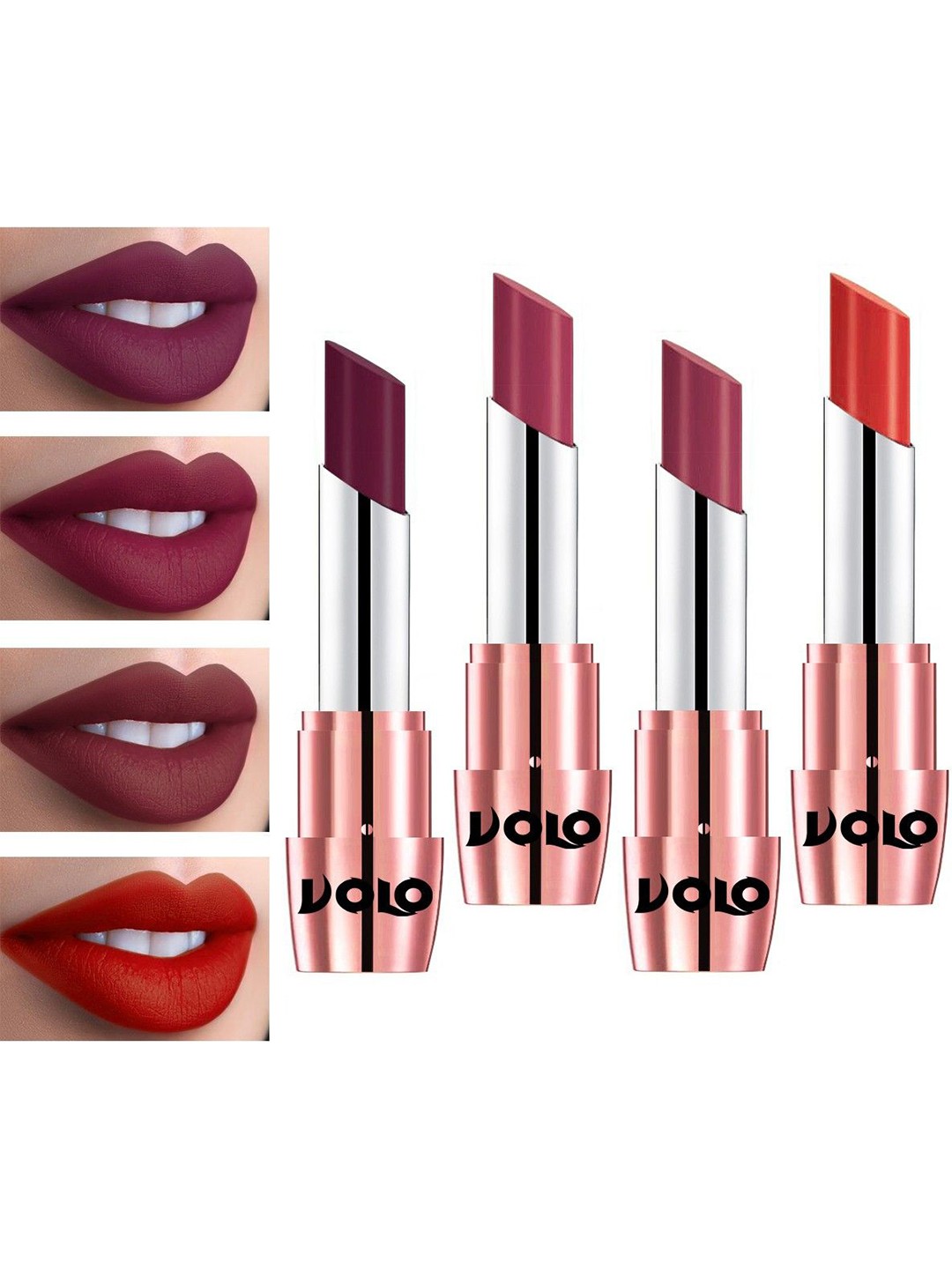 

VOLO Set Of 4 Creme Matte Lipstick - 3.5g Each - Cherry-Orange-Wine-Rose Pink, Multi