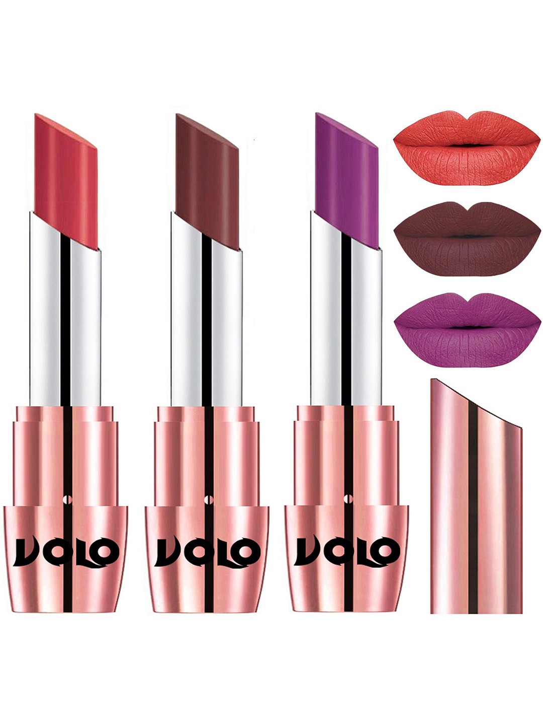 

VOLO Set Of 3 Creme Matte Lipstick- 3.5g- Peach-Purple-Coffee-633-634-648
