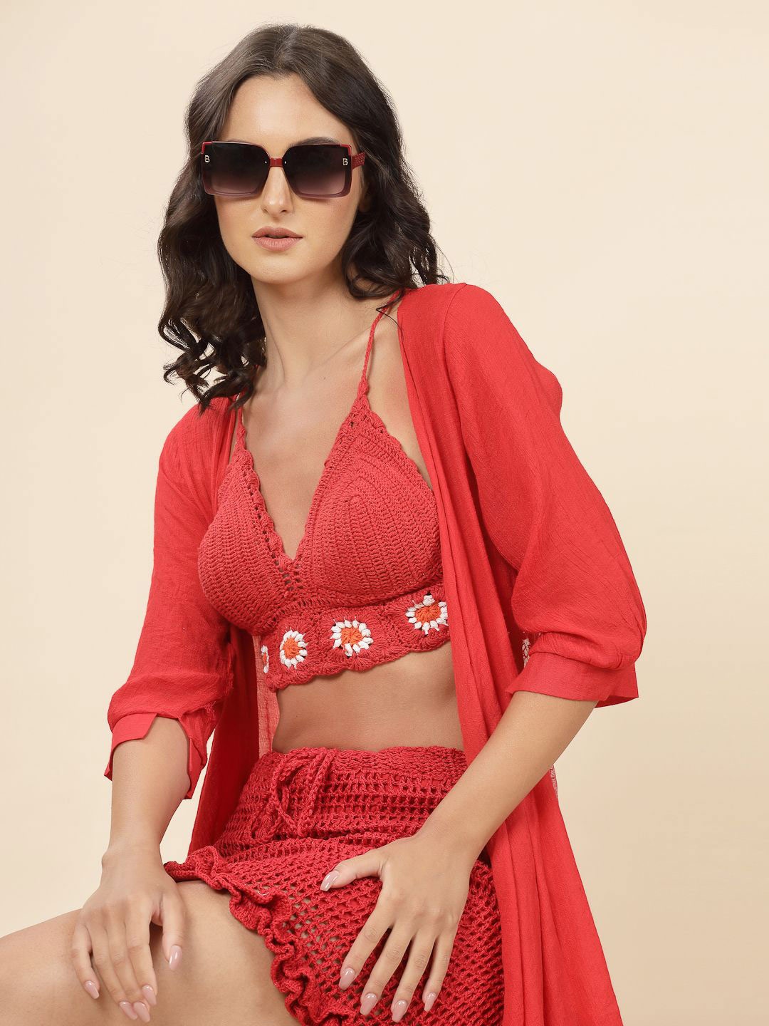 

Velvery Women Self Design Shoulder Straps Cotton Crochet Top, Red
