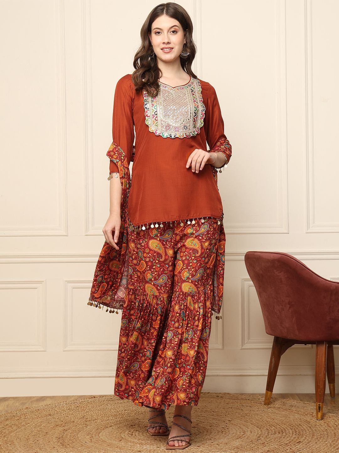 

DEEBACO Printed Tunic With Sharara, Tan
