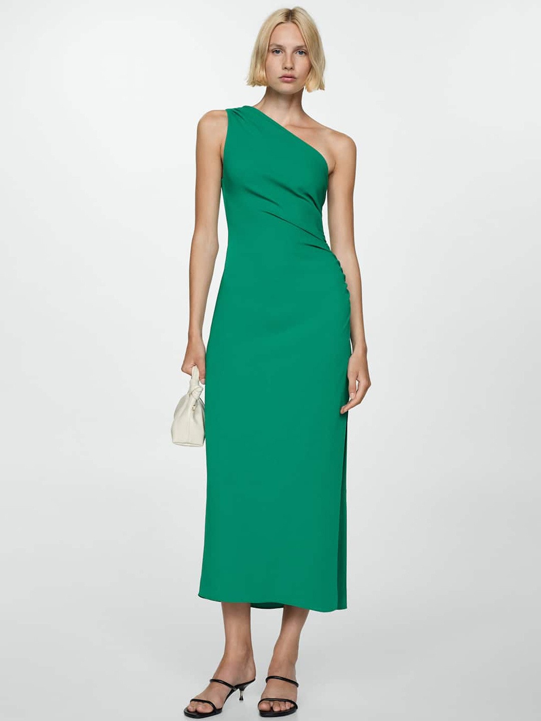 

MANGO One Shoulder Ruched Sheath Midi Dress, Green