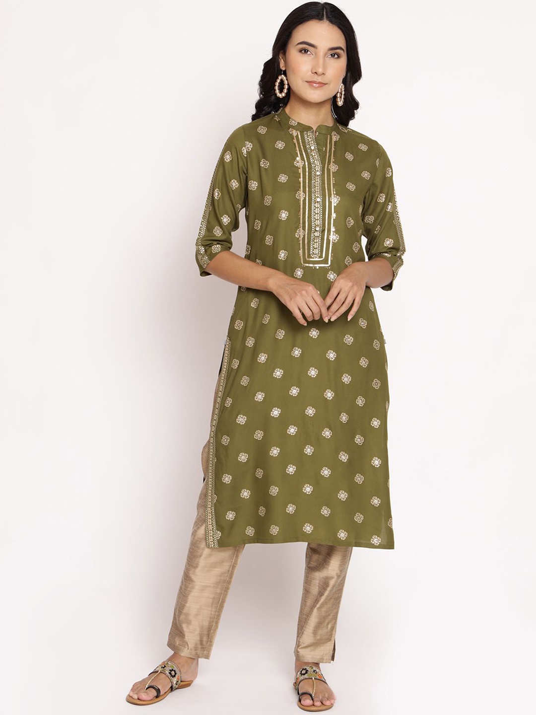 

Shree Floral Printed Mandarin Collar Liva Straight Kurta, Olive