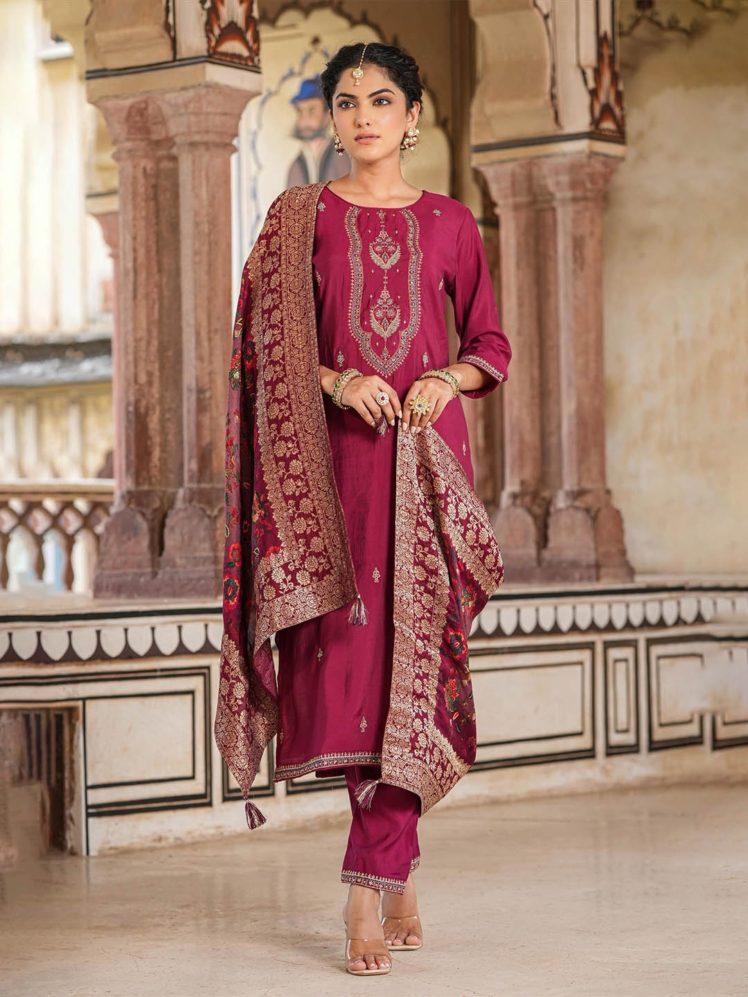 

SCAKHI Ethnic Motifs Embroidered Kurta With Trousers & Dupatta, Burgundy