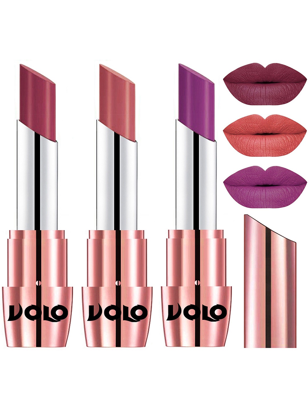 

VOLO Set Of 3 Creme Matte Lipstick 3.5g Each - Light Peach 631-Cherry 632-Purple 648, Brown