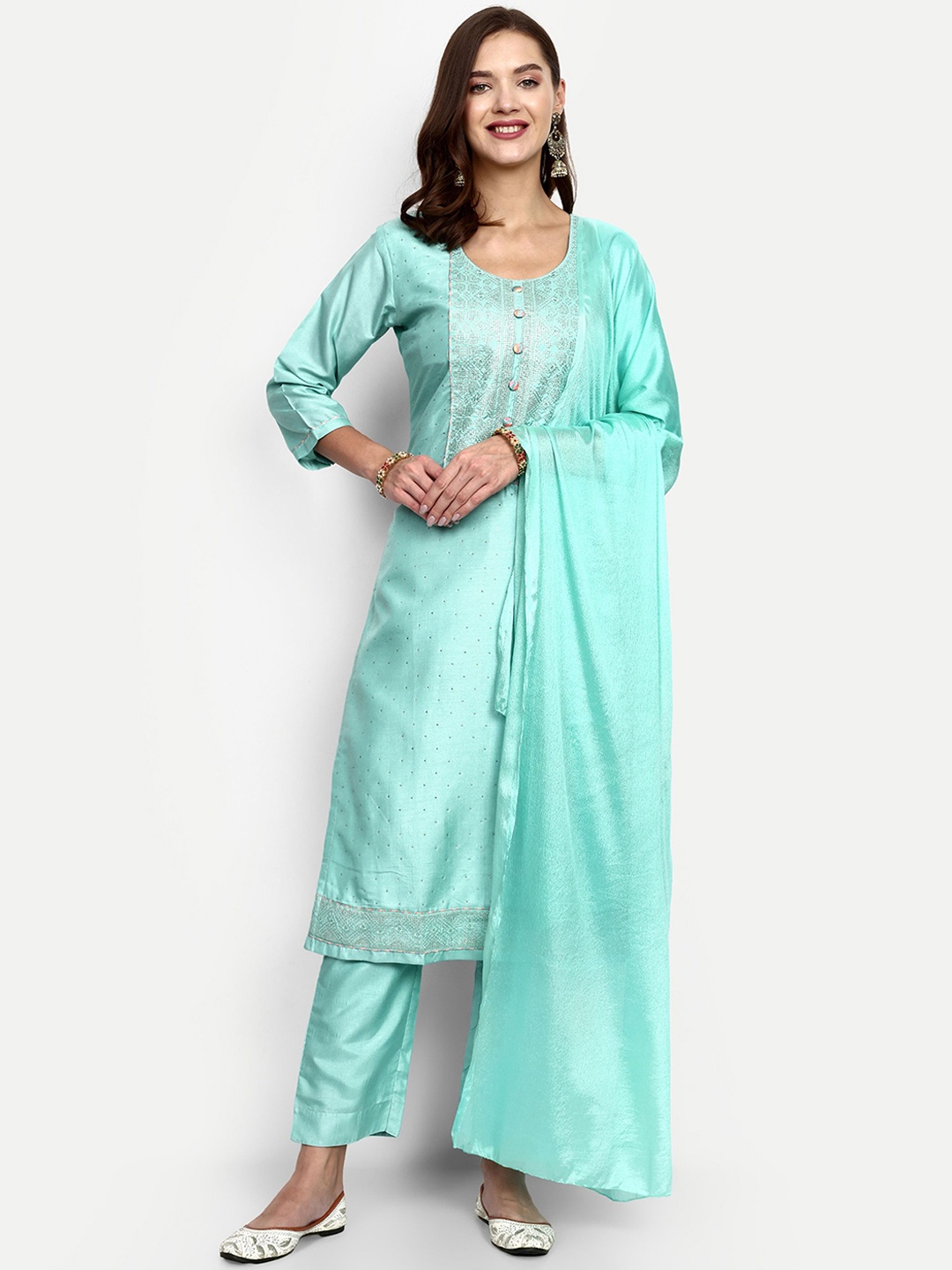 

V B SONS Floral Embroidered Beads and Stones Straight Kurta & Trousers With Dupatta, Turquoise blue