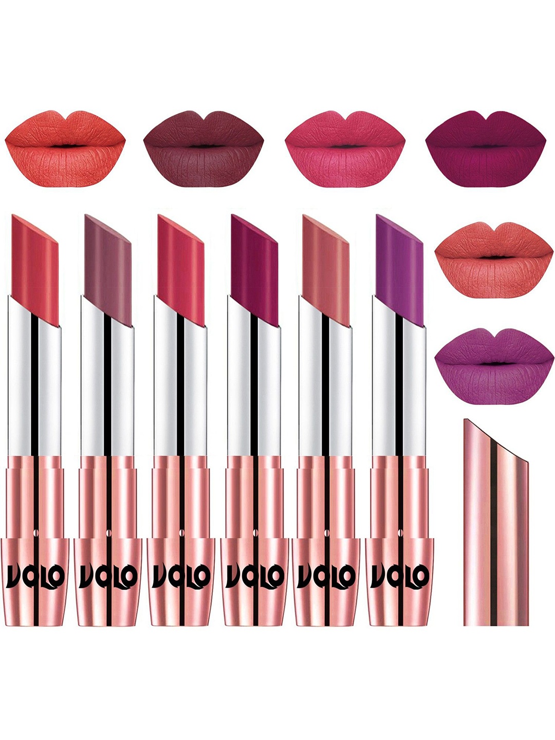 

VOLO Set Of 6 Creme Matte Lipstick -3.5g Each - Peach-Plum-Pink-Magenta-Light Peach-Purple, Multi