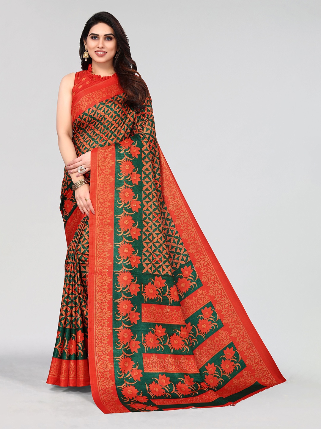 

VIRICA Floral Printed Phulkari Saree, Green