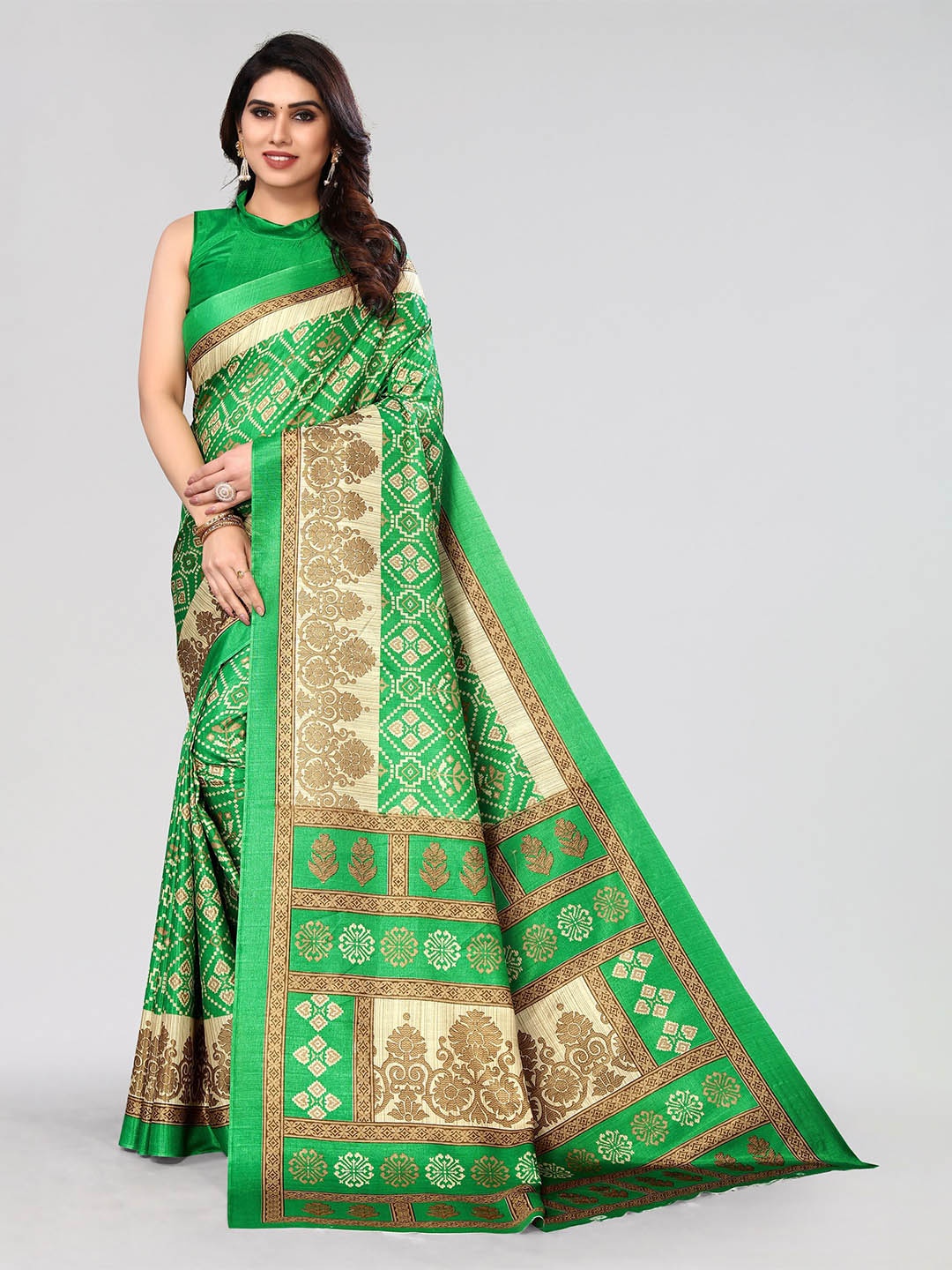 

VIRICA Floral Printed Phulkari Saree, Green