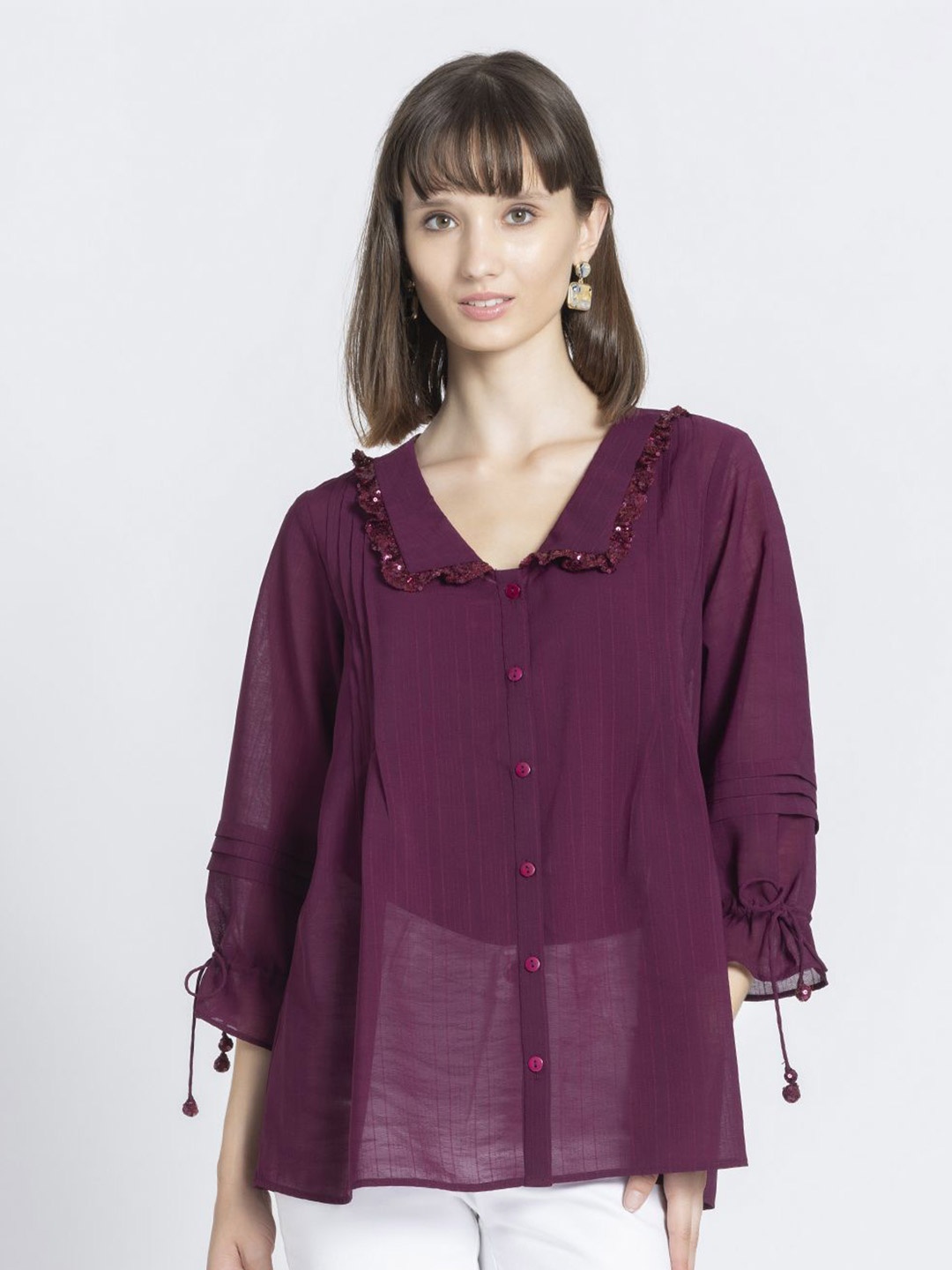 

SHAYE Women Striped Three-Quarter Sleeves Ethnic Top, Purple