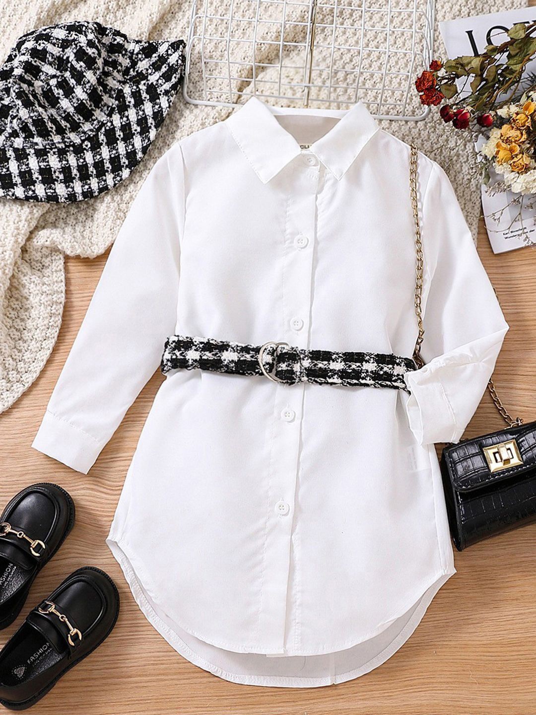 

INCLUD Girls Shirt Mini Dress with Tweed Belt, White