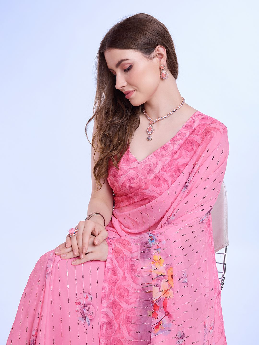 

Mitera Embellished Sequinned Digital Printed Saree, Pink