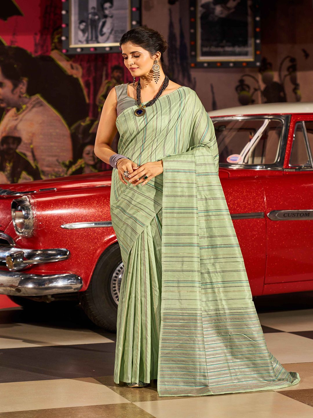 

Krimmple Striped Printed Saree With No Border, Lime green