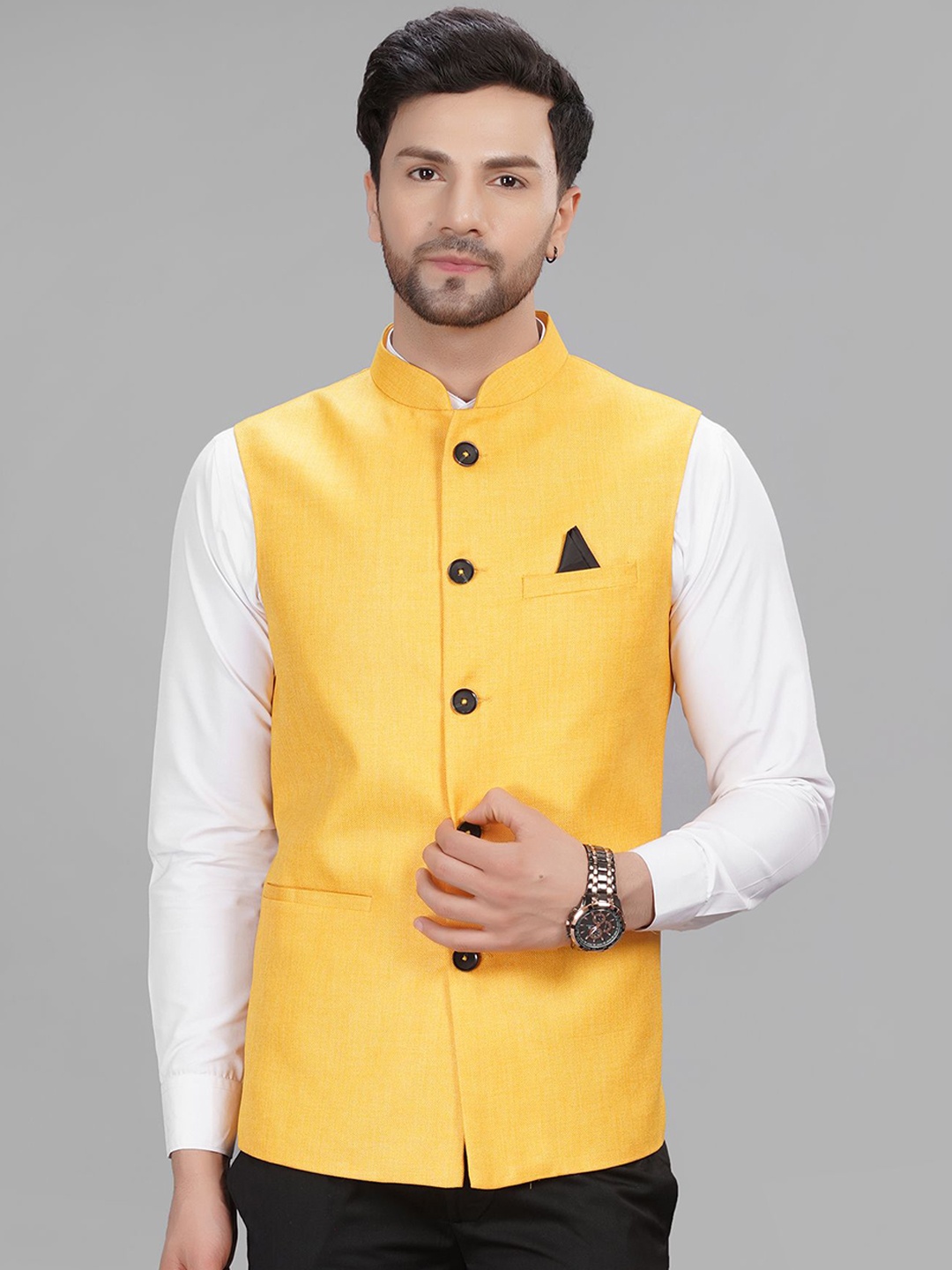 

LA'SCOOT Woven Linen Nehru Jacket, Yellow