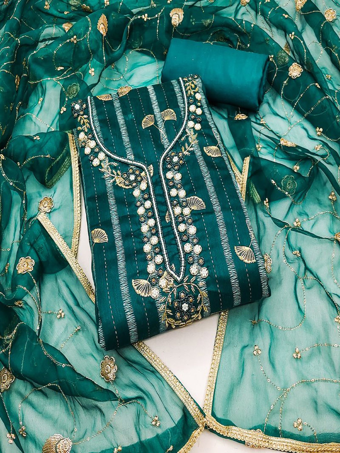 

ASISA Embroidered Beads and Stones Unstitched Dress Material, Teal