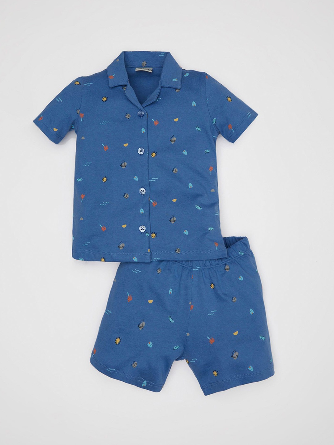 

DeFacto Boys Printed Shirt Collar Pure Cotton Night suit, Blue