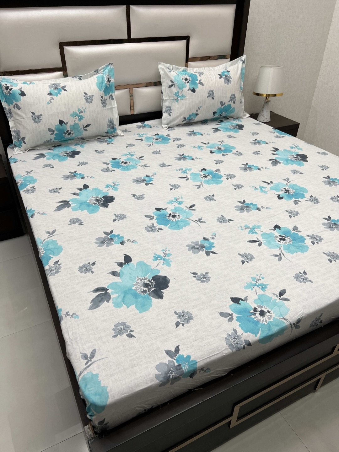 

Pure Decor Off White & Blue Floral 300 TC King Bedsheet with 2 Pillow Covers