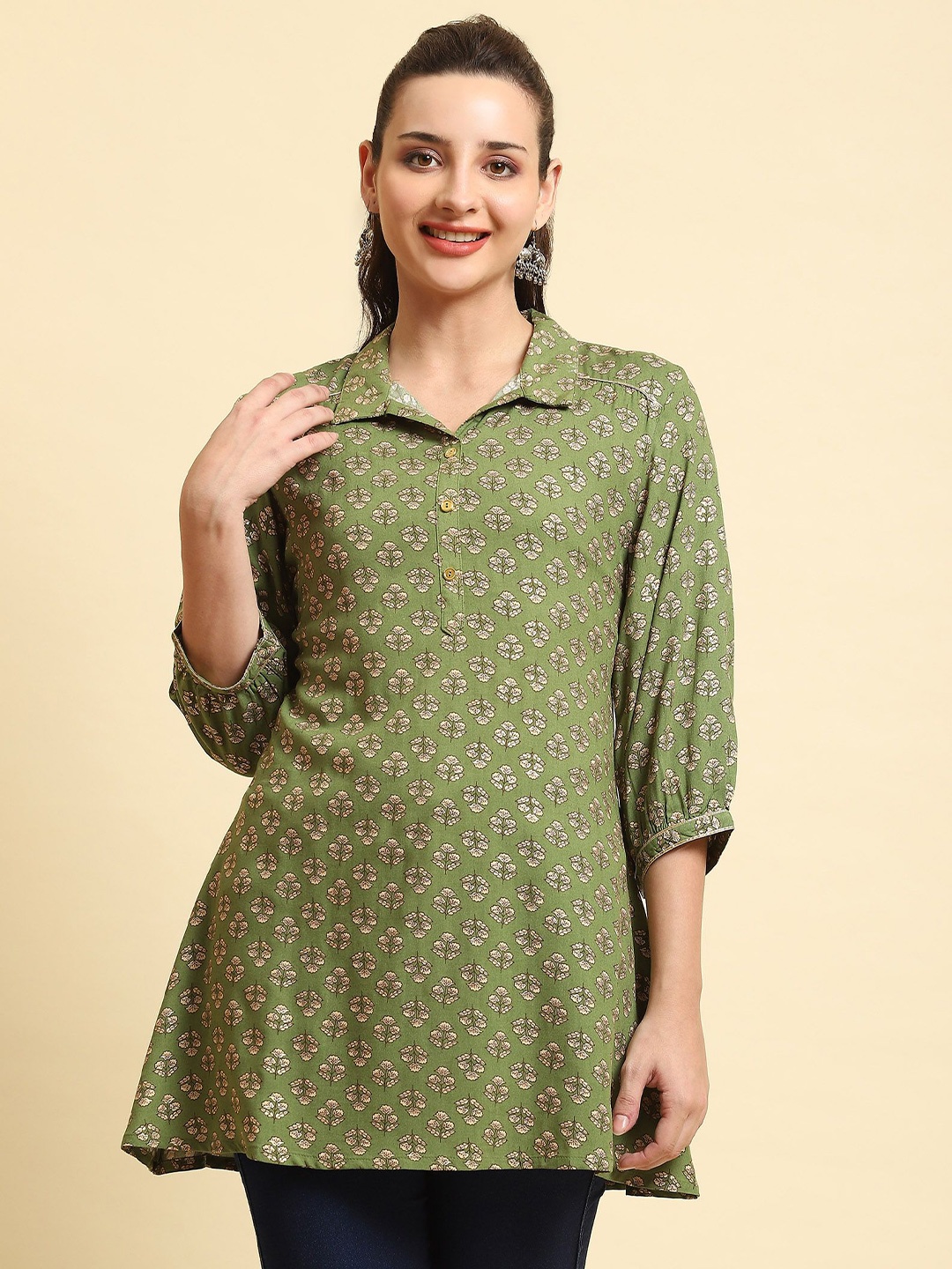 

Shree Liva Shirt Collar Printed Tunic, Green