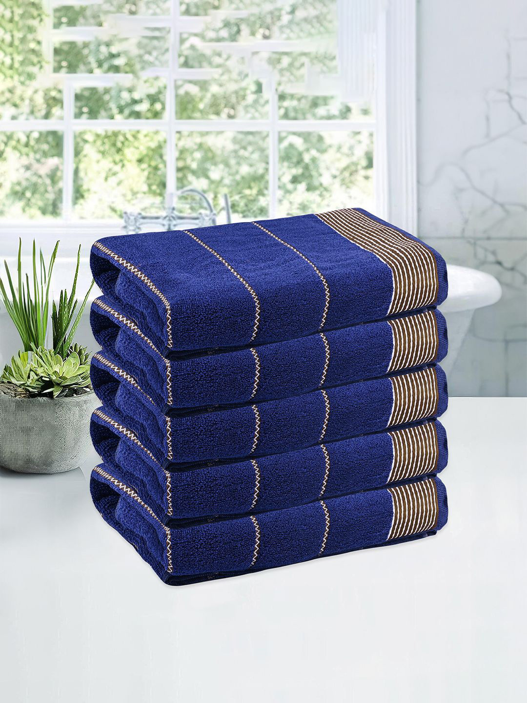 

Kuber Industries Blue & Brown 5 Pieces Striped Cotton 450 GSM Bath Towel