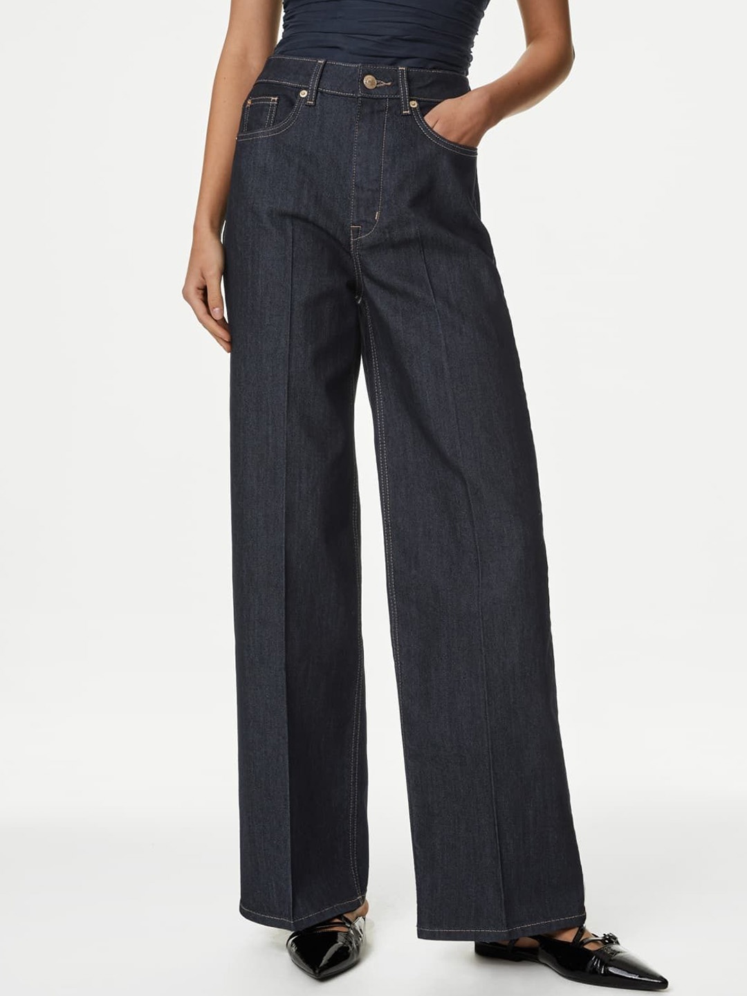 

Marks & Spencer Women Wide Leg High-Rise Jeans, Navy blue