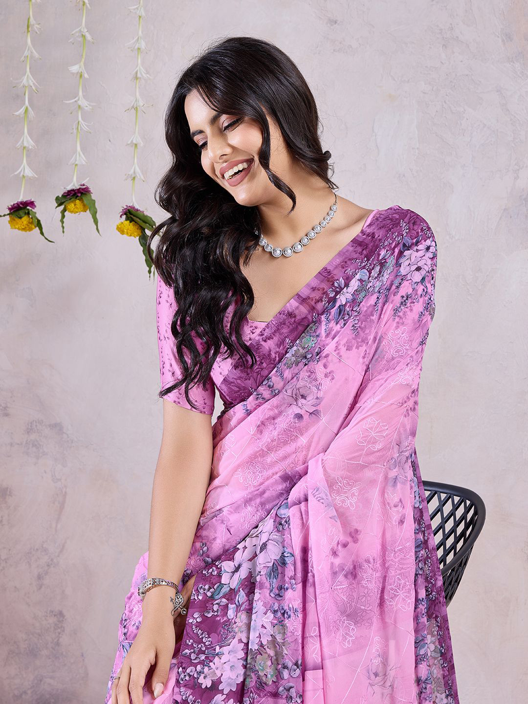 

Mitera Ethnic Motif Embroidered Saree, Pink