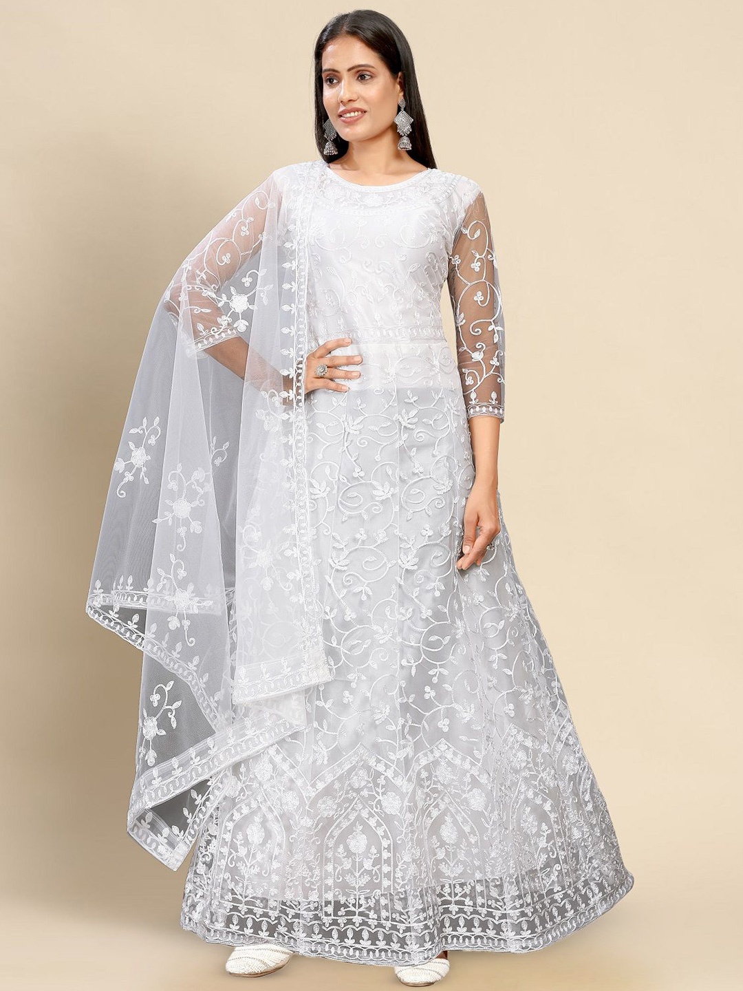 

LADY SHOPI Ethnic Motifs Embroidered Fit & Flare Maxi Dress, White