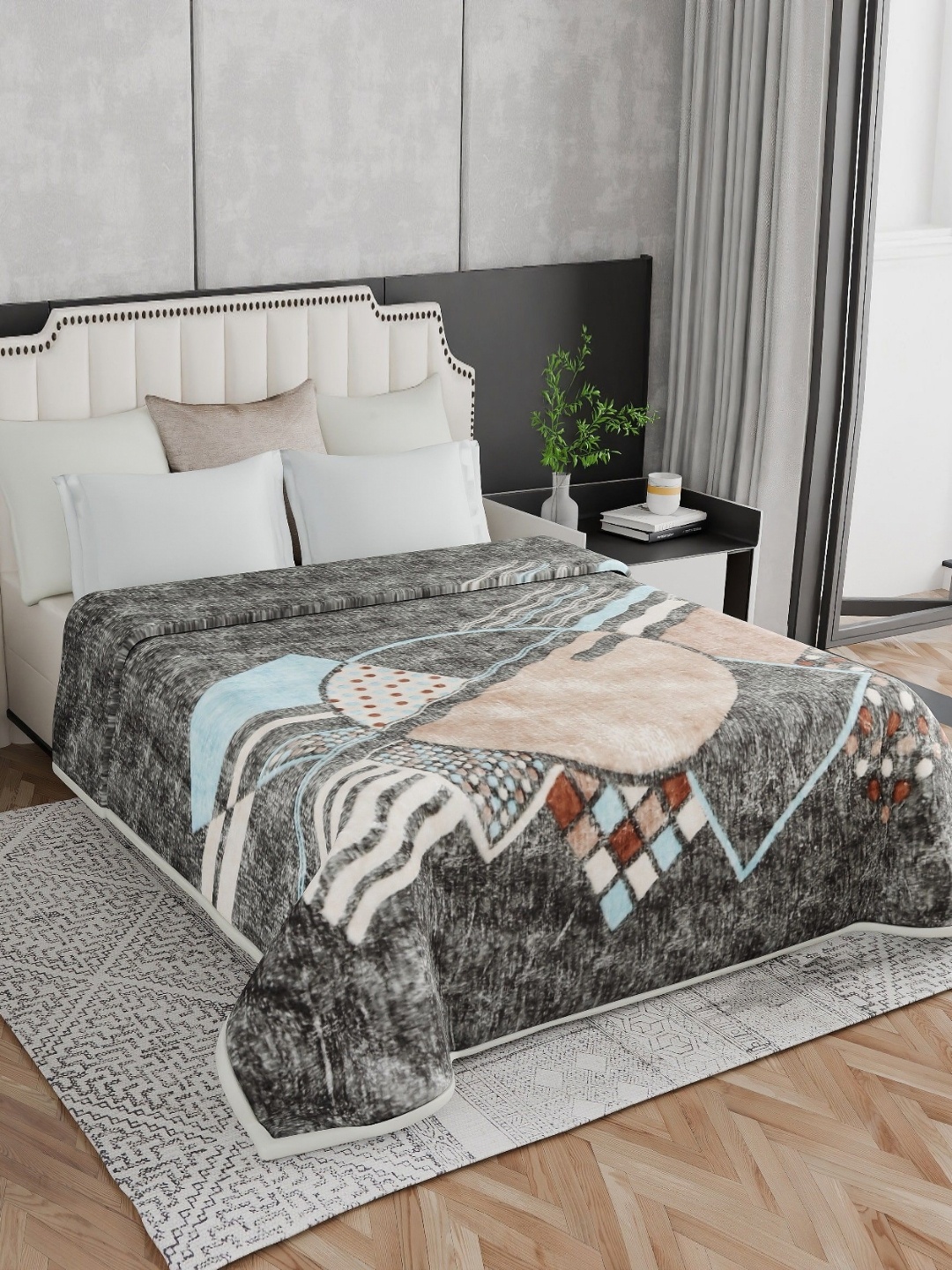 

Signature kautilya Grey Melange & Cream-Coloured Mink Heavy Winter Double Bed Blanket