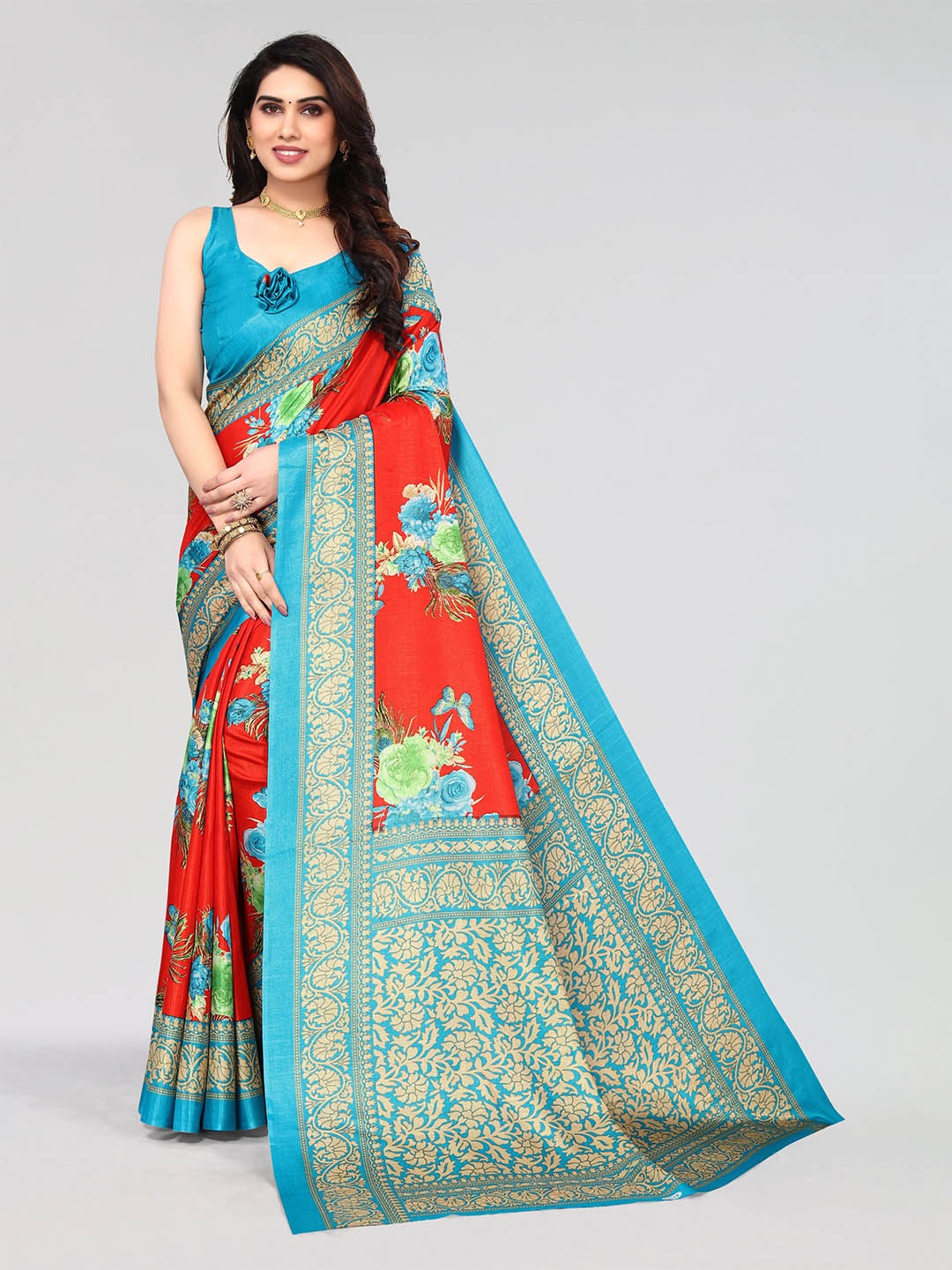 

VIRICA Floral Phulkari Saree, Red