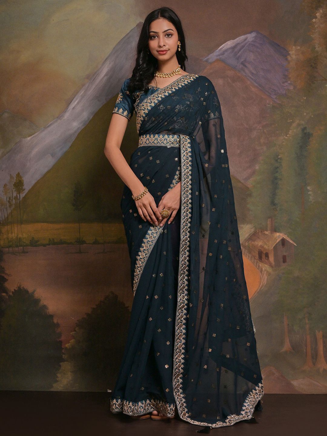 

Sangria Embellished Saree With Matching Blouse, Teal