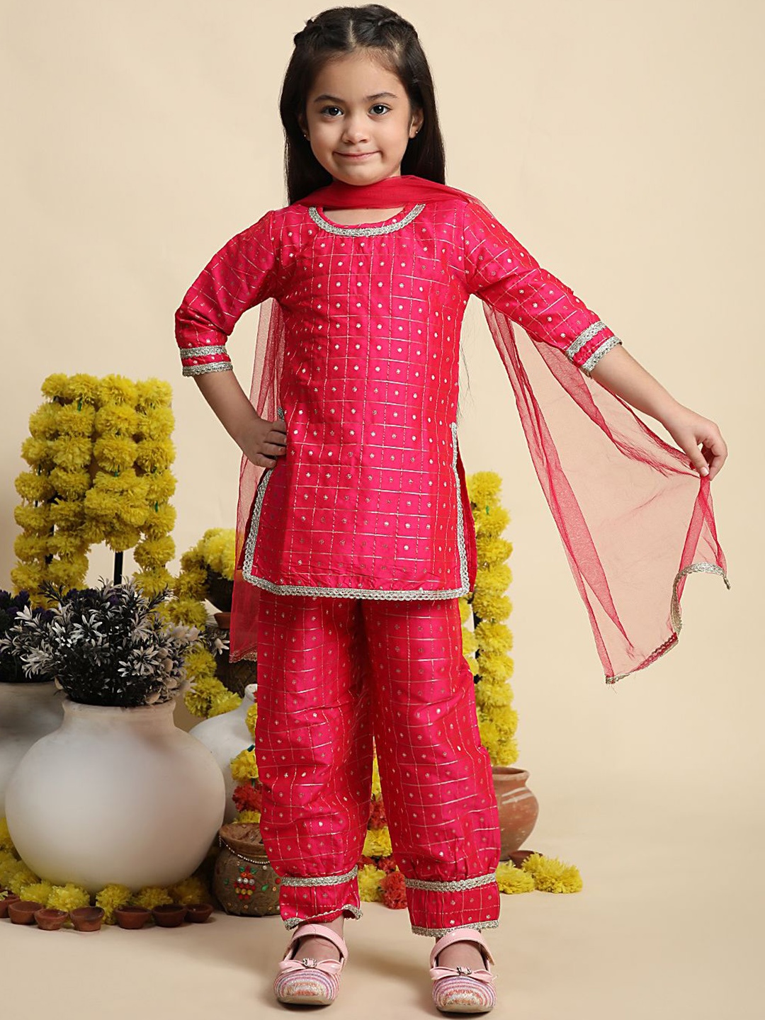

Cutiekins Girls Embroidered Straight Gotta Patti Silk Kurta With Salwar & Dupatta, Magenta