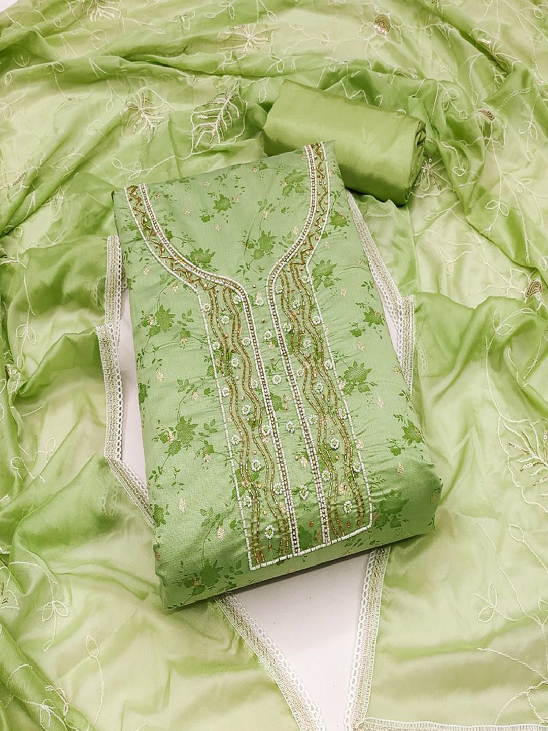 

ASISA Floral Printed Beads and Stones Unstitched Dress Material, Green