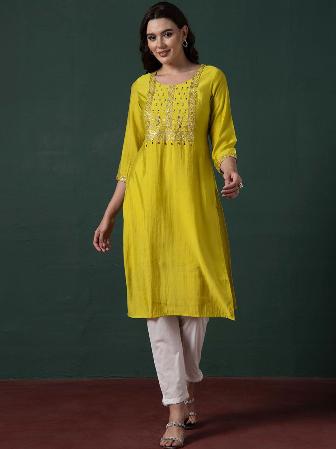 

INDYA Ethnic Motifs Embroidered Beads and Stones Pure Cotton Straight Kuta, Yellow