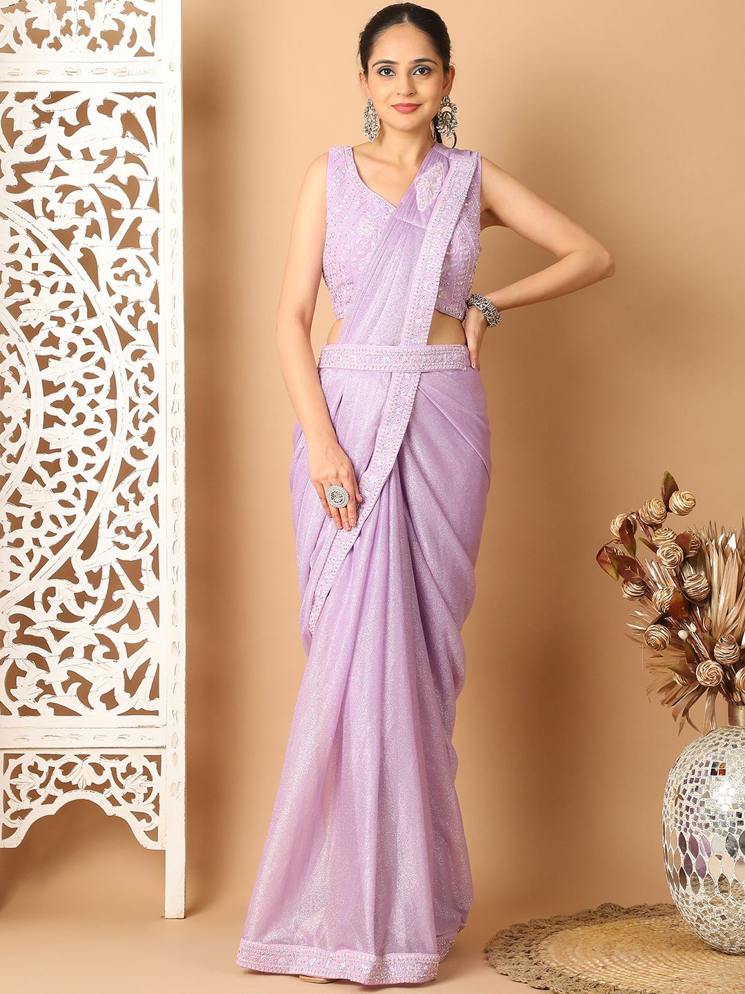 

Mitera Embroidered Border Solid Ready to Wear Saree, Mauve