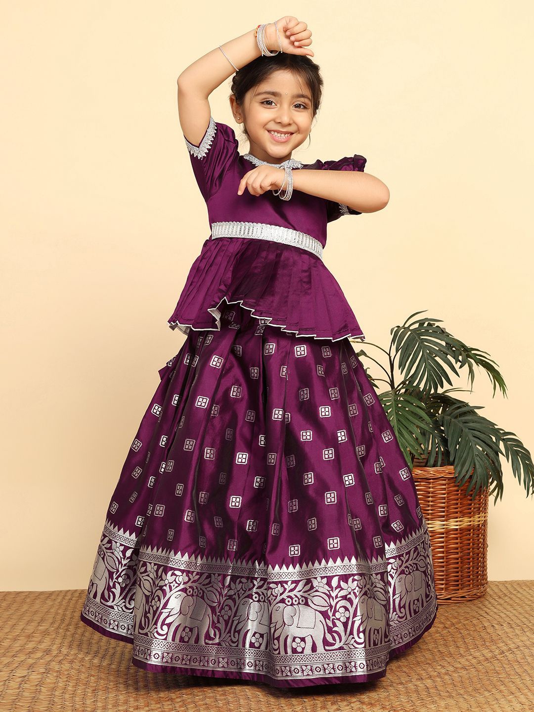 

BAESD Girls Embroidered Ready to Wear Pattu Pavadai Lehenga And Choli, Violet