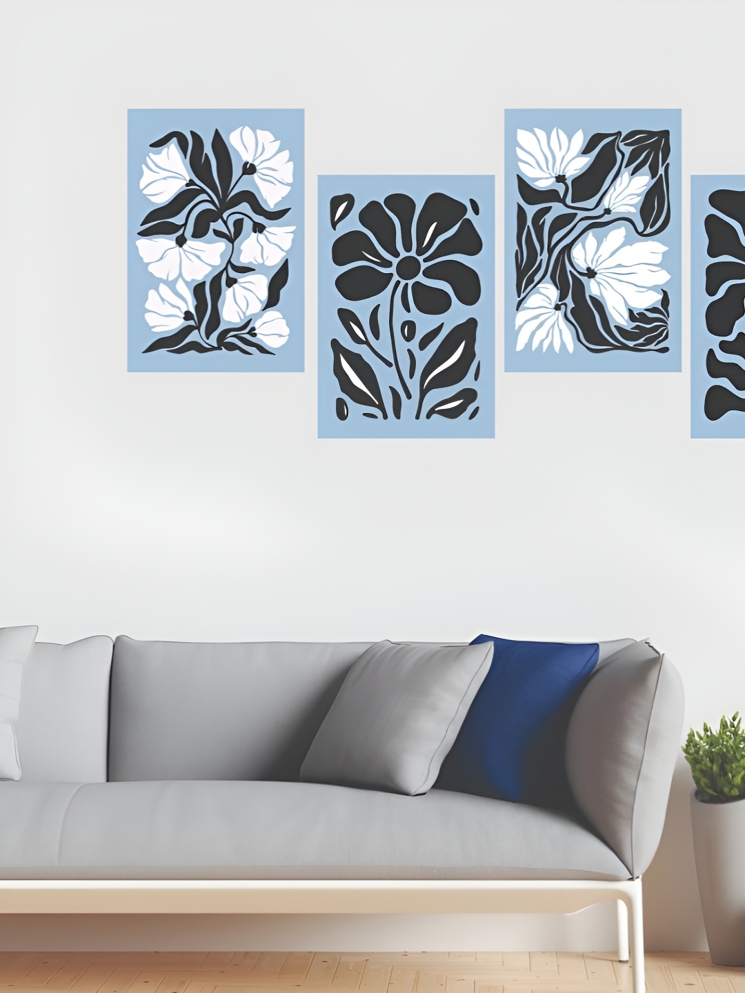

CVANU Blue & Black 4 Pieces Floral 3D Printed Wall Sticker