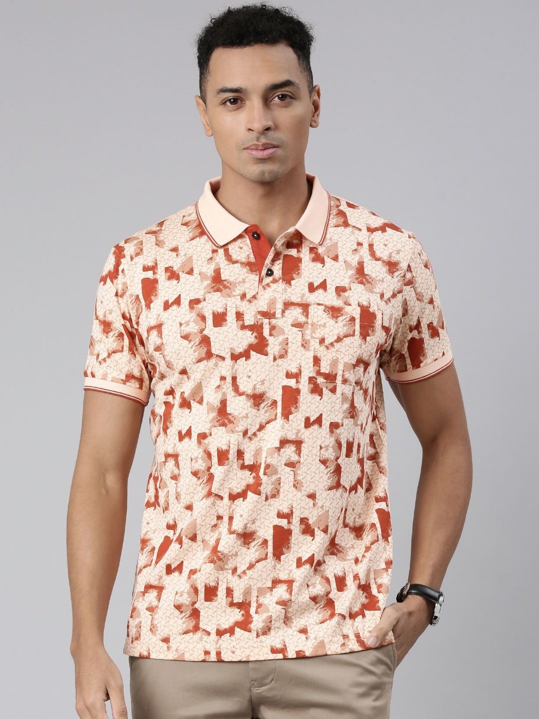 

Classic Polo Men Abstract Printed Polo Collar Cotton Slim Fit T-shirt, Orange