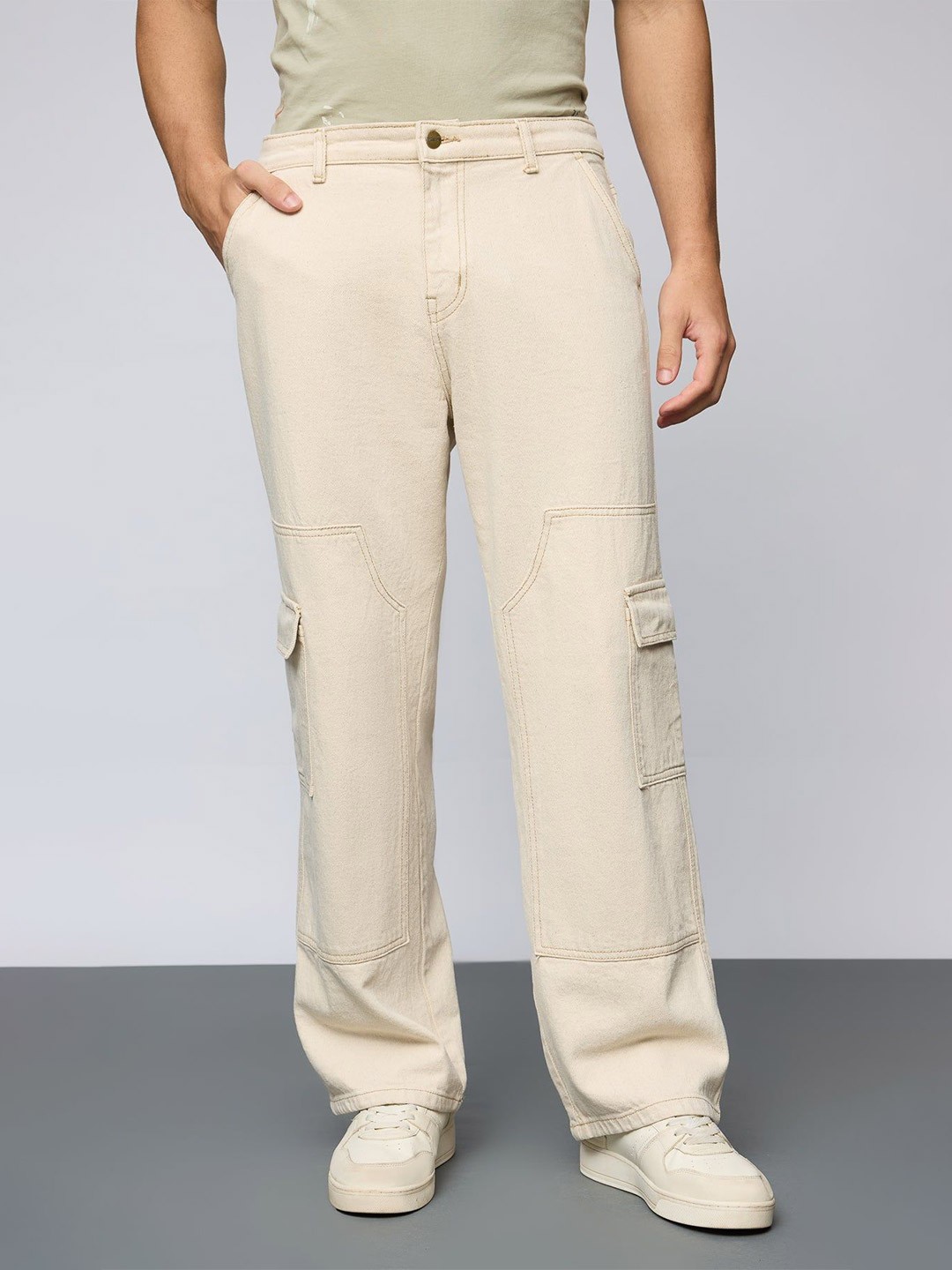 

FREAKINS Men Straight Fit High-Rise Jeans, Cream