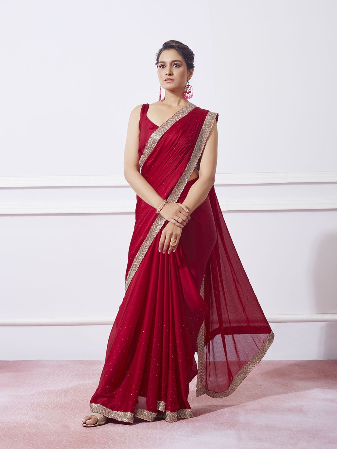 

Kalista Embellished Beads and Stones Ready to Wear Saree Satin Saree, Red