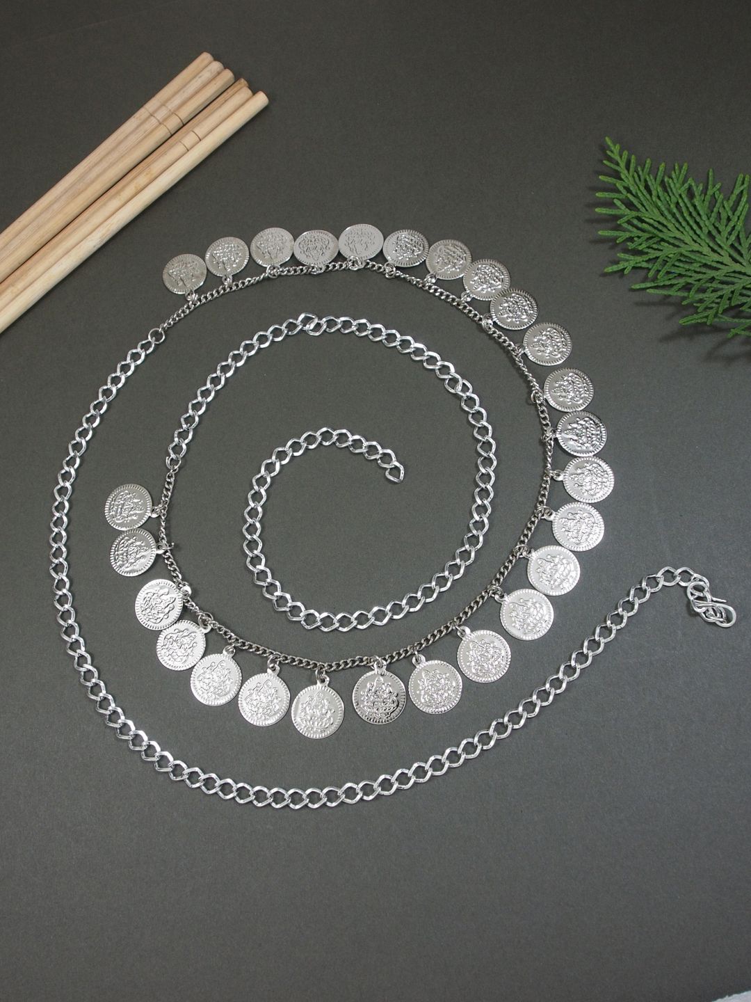 

I Jewels Oxidised Adjustable Coin Tassel Chain, Silver