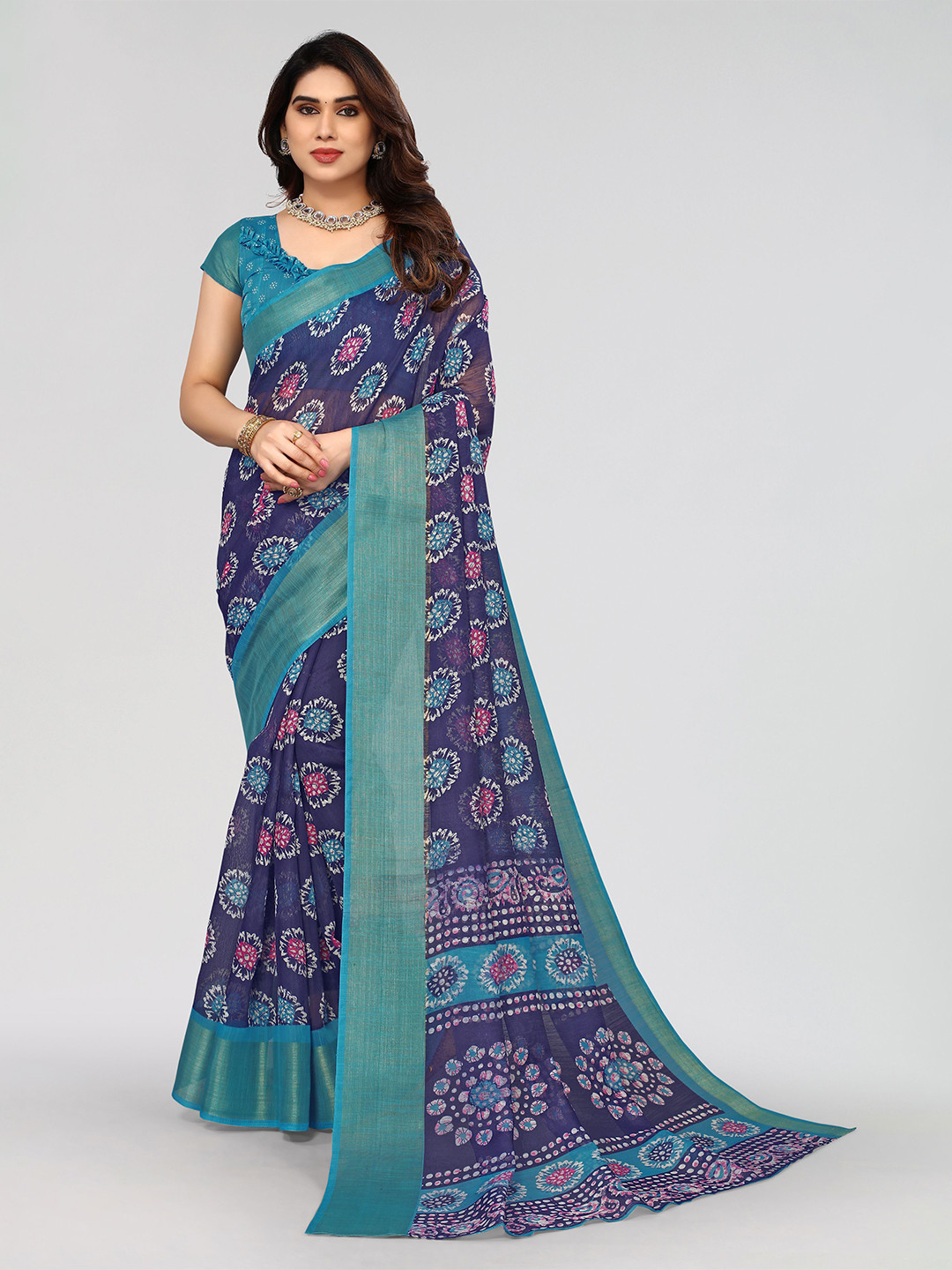 

VIRICA Floral Printed Festive Zari Saree, Navy blue