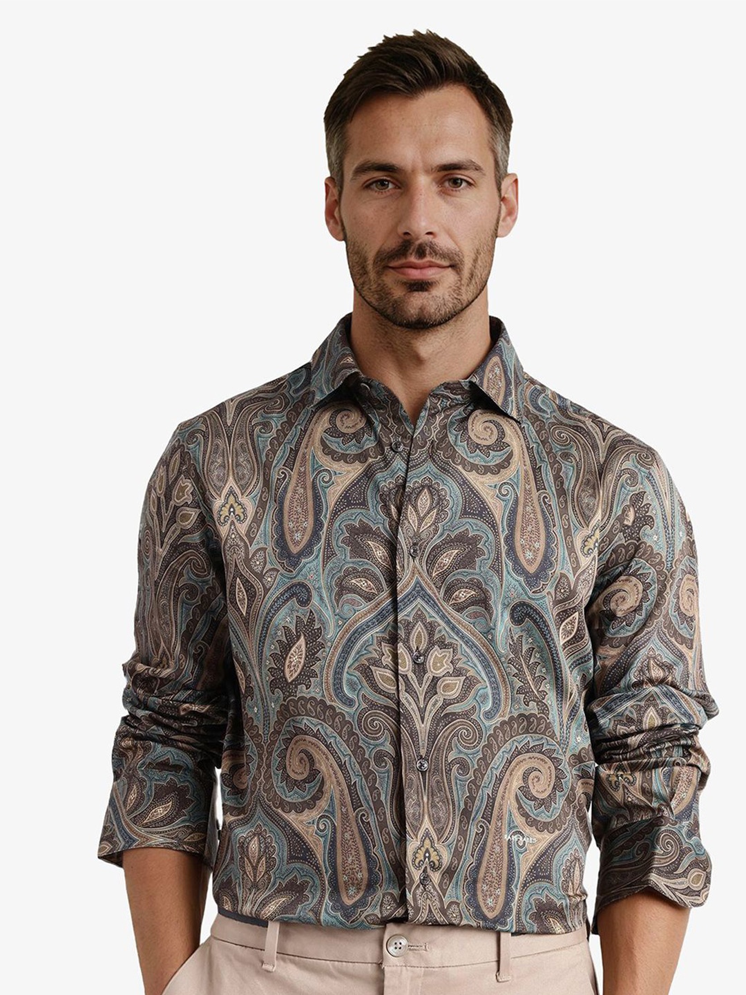 

RARE RABBIT Men Comfort Spread Collar Ethnic Motifs Printed Cotton Casual Shirt, Green