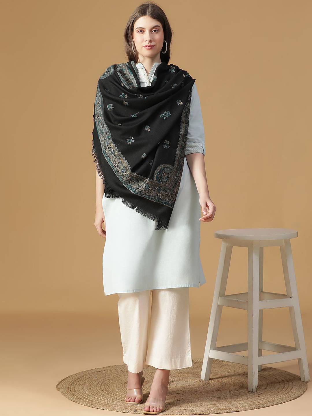 

SHINGORA Noble Ethnic Motifs Woven Design Fringed Shawl, Black