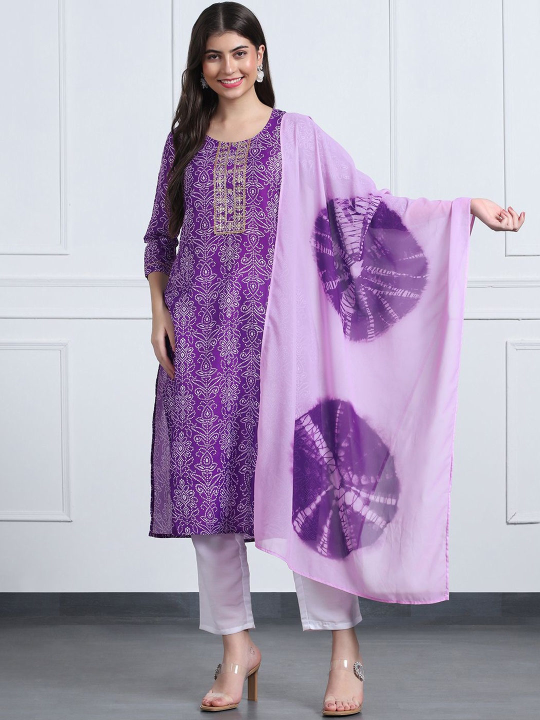 

BAESD Bandhani Printed Sequinned Straight Kurta With Trouser & Dupatta, Purple