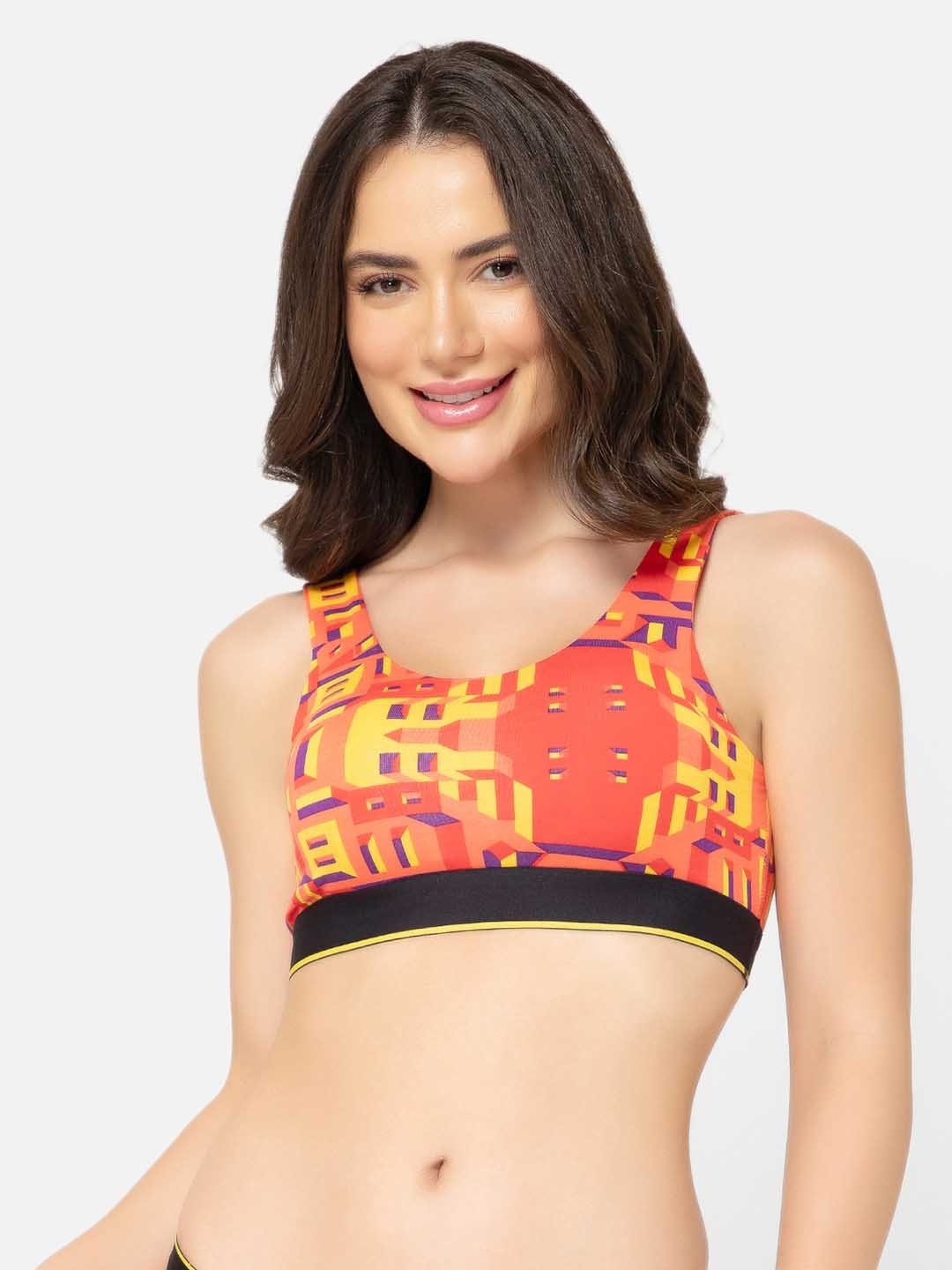 

bummer Printed Non Padded Moisture Wicking Rapid-Dry Workout Sports Bra - Full Coverage, Orange