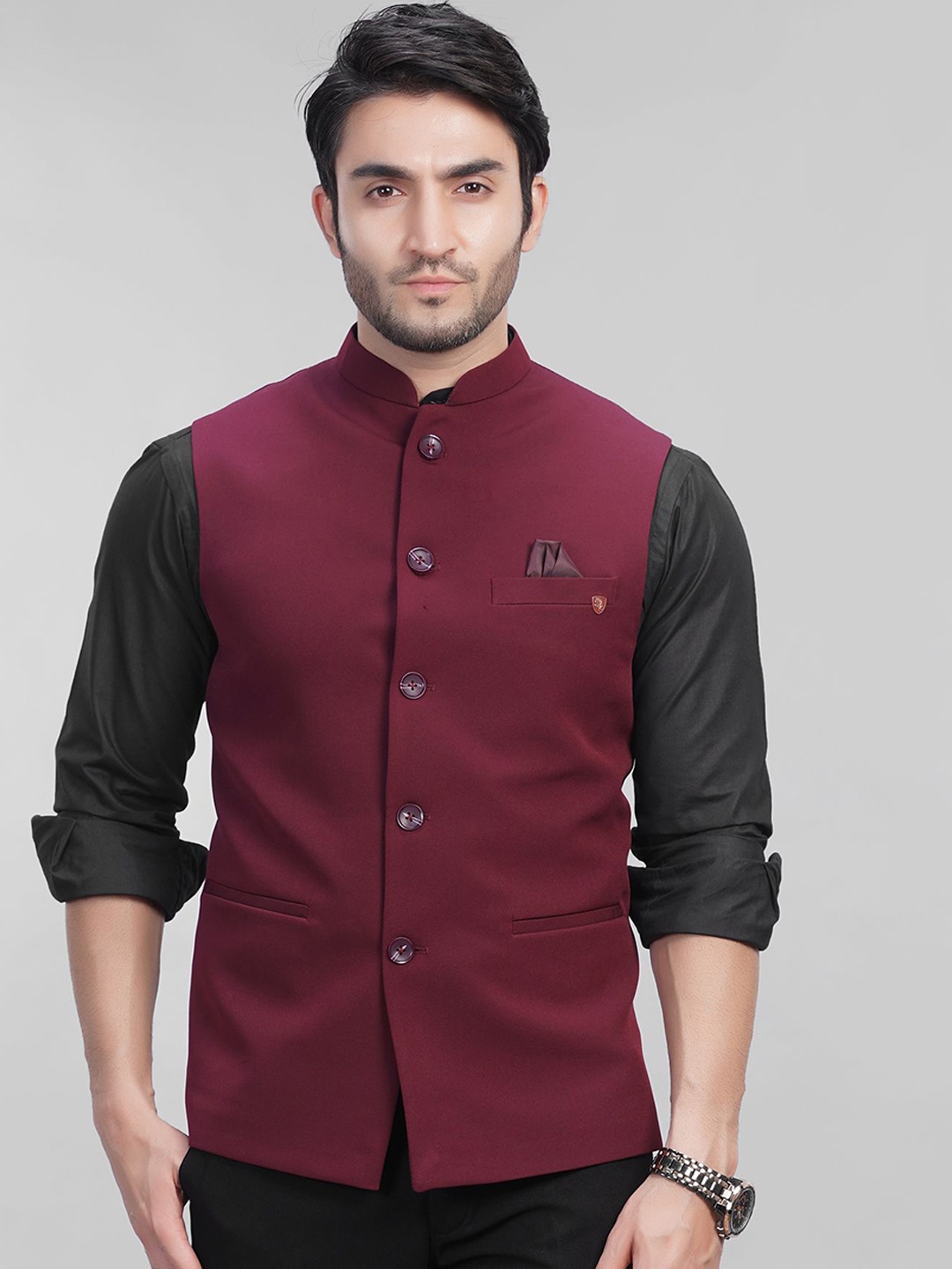 

LA'SCOOT Mandarin Collar Nehru Jacket, Maroon